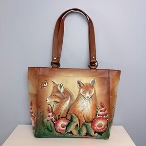 ANUSCHKA Hand-Painted Leather Tote - Curious Foxes Woodland